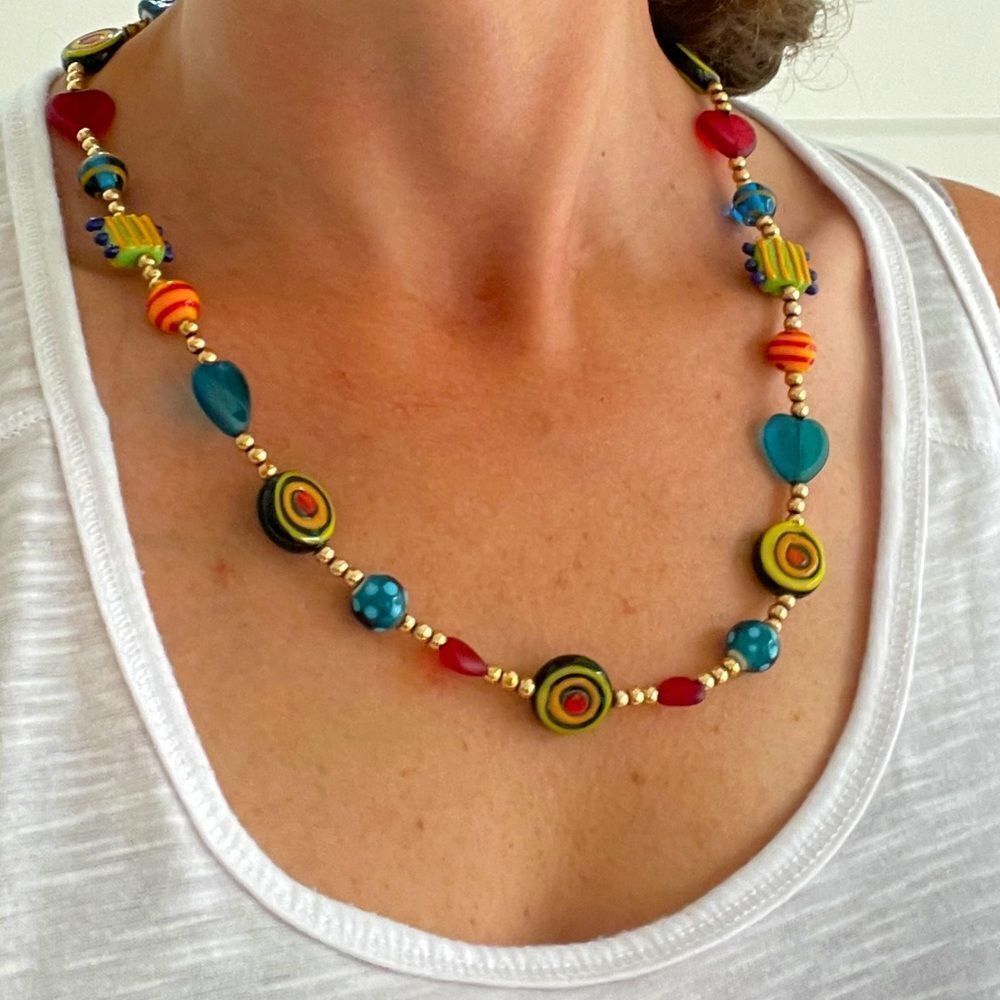 Handmade Art Glass Bead Multicolored 14k Gold Necklace and Earrings Matching Set